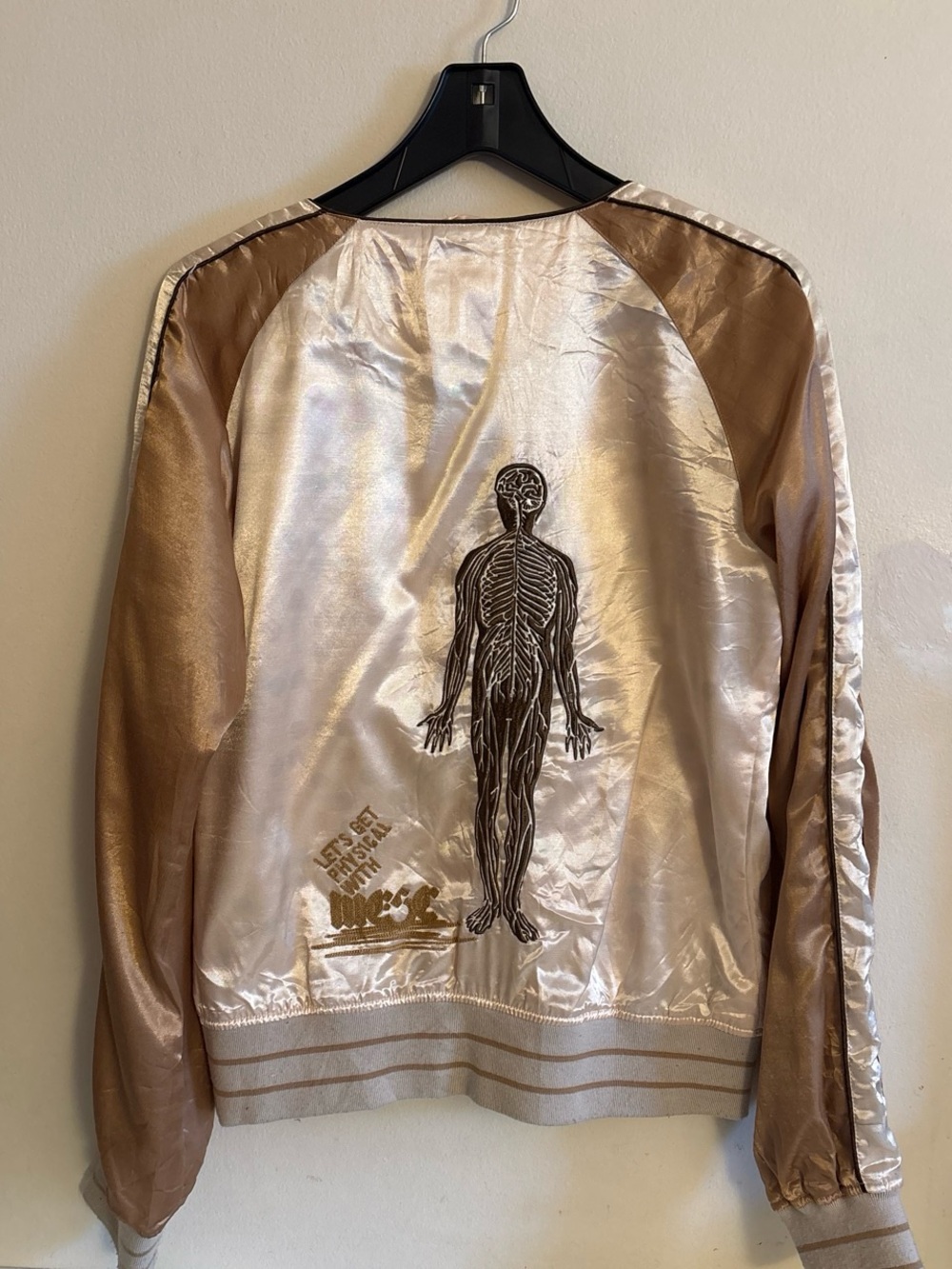 Satin Embroidered Skeleton Bomber Jacket in Champagne & Bronze size large women